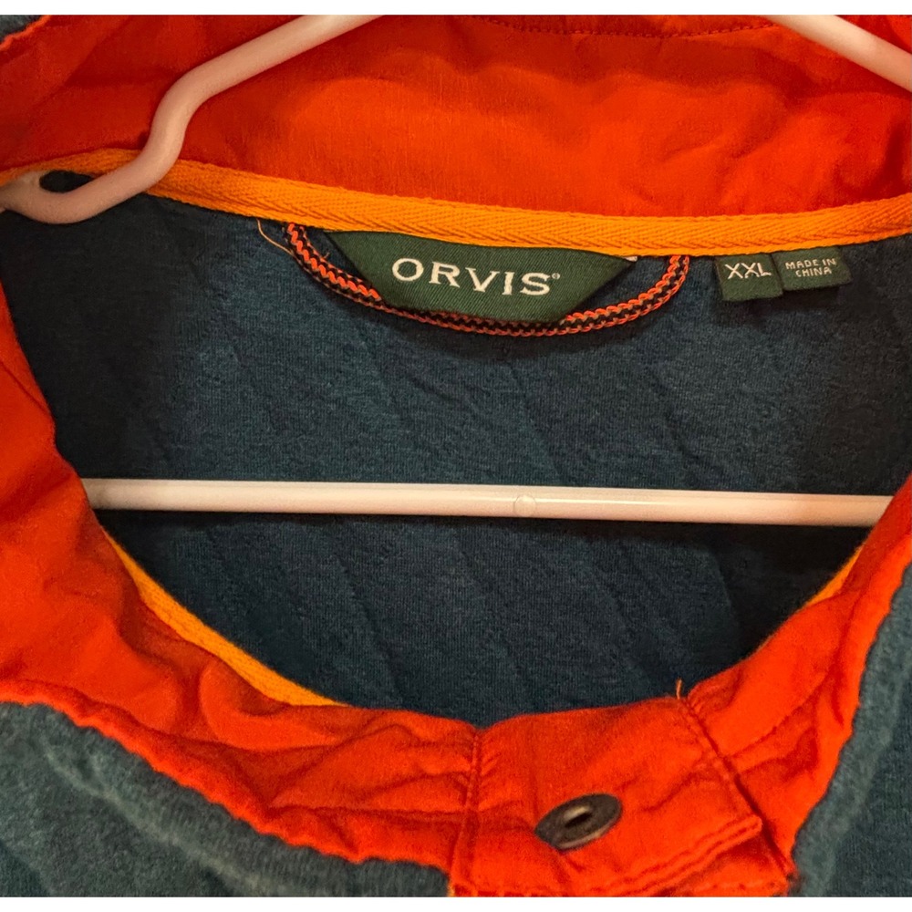 Orvis Mens XXL Quilted Snap Neck Pullover Sweatshirt Blue Orange Mock Neck - Picture 2 of 6